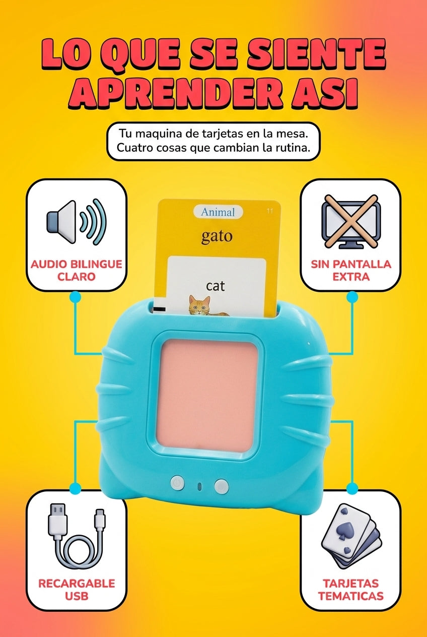 Beneficios: audio bilingue, sin pantalla, recargable, tarjetas tematicas