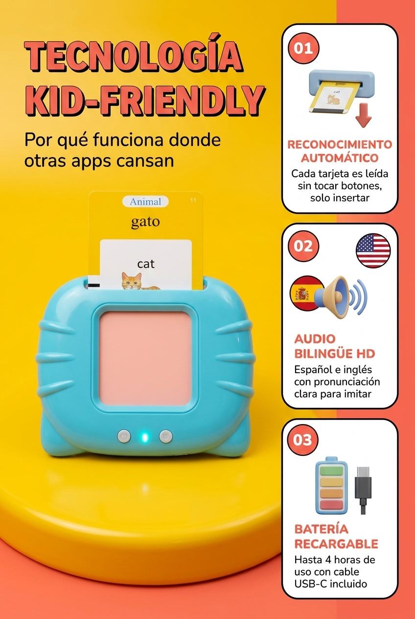 Tecnologia kid-friendly: reconocimiento automatico, audio HD bilingue, bateria USB