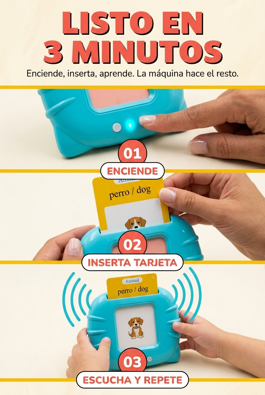 Listo en 3 minutos — enciende, inserta tarjeta, escucha y repite