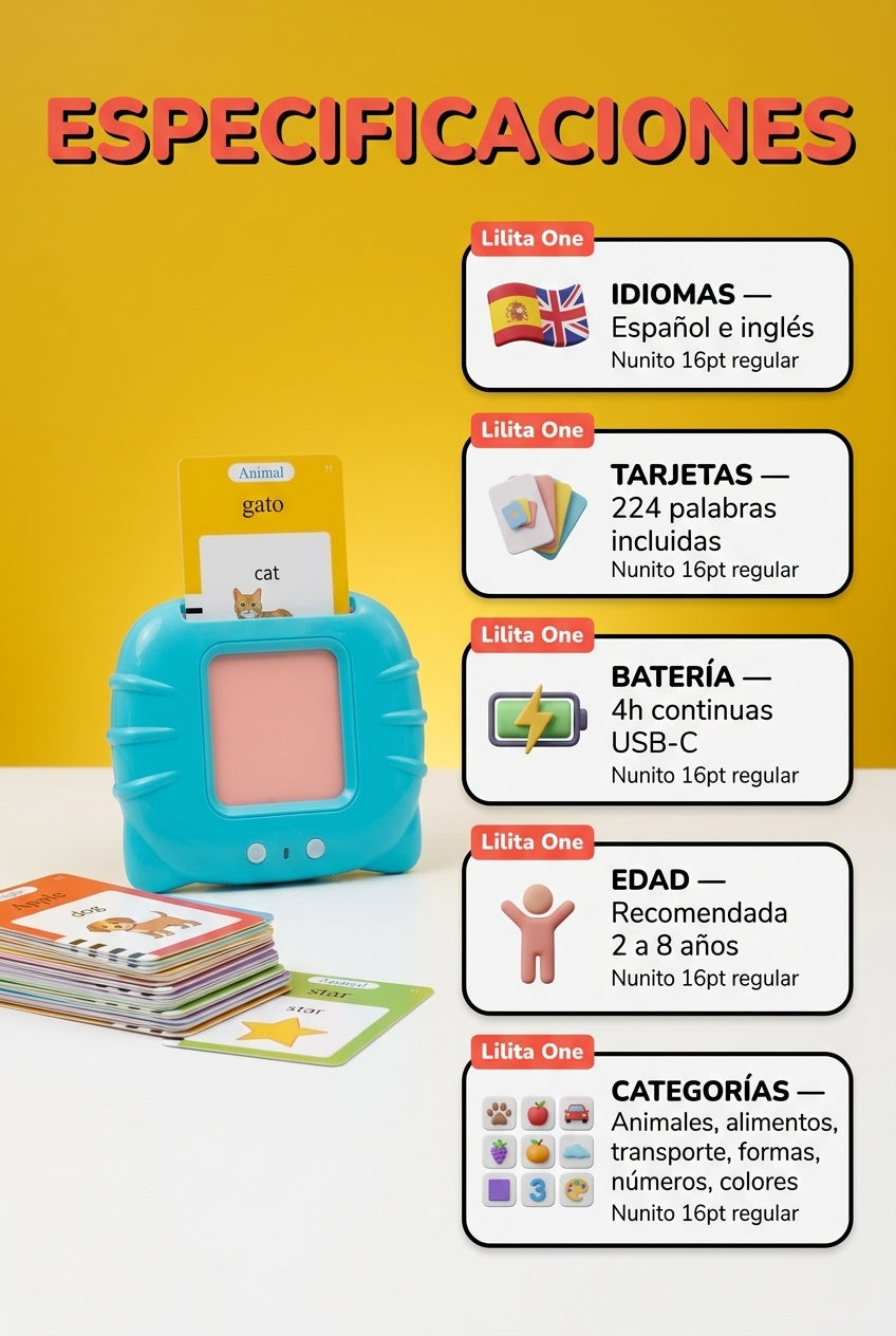 Especificaciones tecnicas: idiomas, tarjetas, bateria, edad, categorias